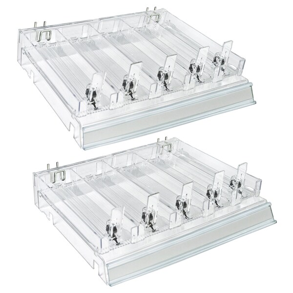 Adjustable Short Divider Bin Cosmetic Tray w Pushers - Customize Slot Size to Product, Clear, 2-Pack